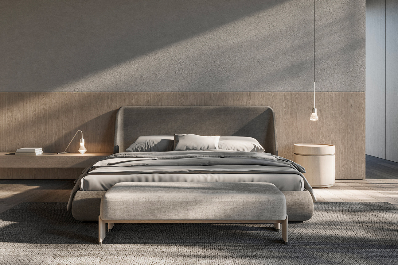 The Atlas bed designed by Jacobo Ventura is the focal point in this warm and cosy modern bedroom.