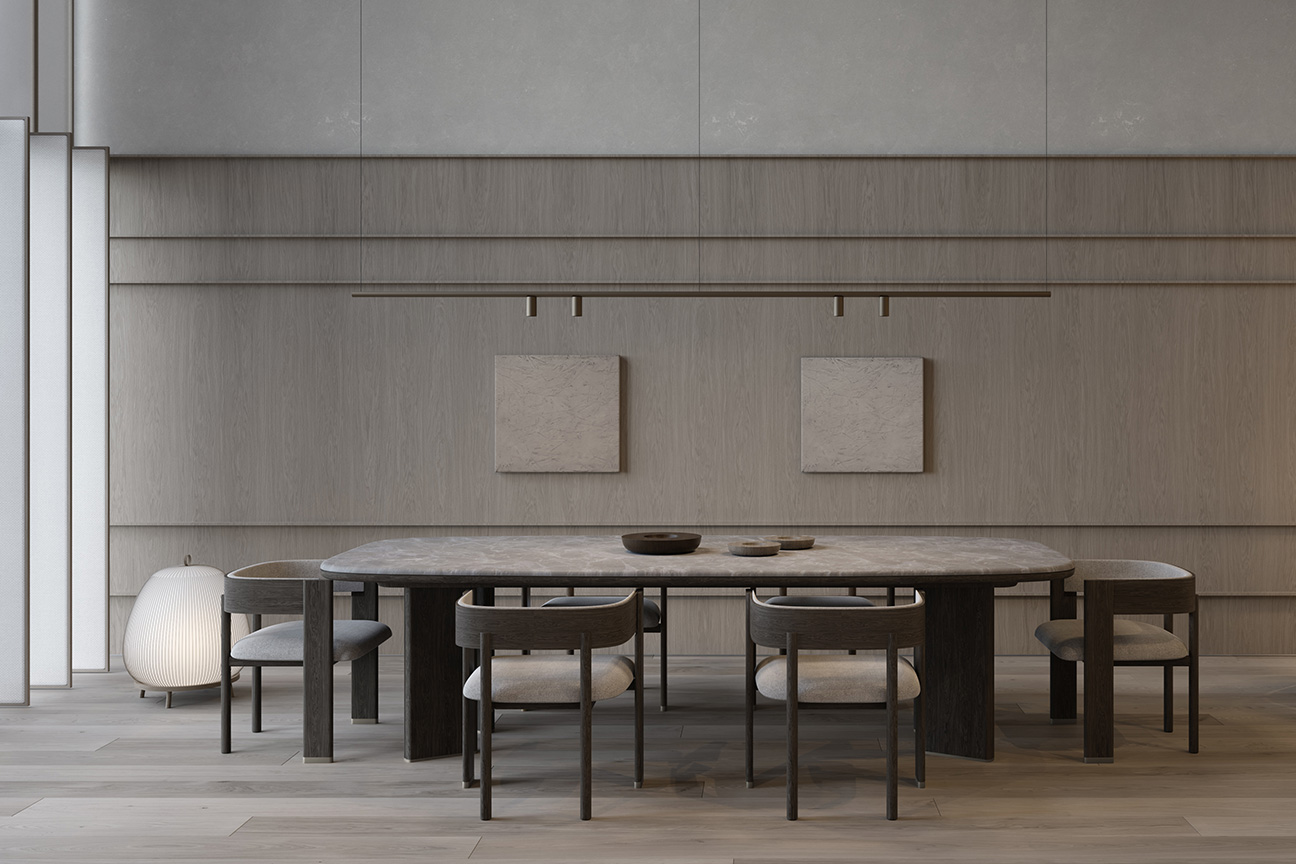 The Jude Decorte dining room exudes elegance through the simplicity of its modern, minimalist décor.