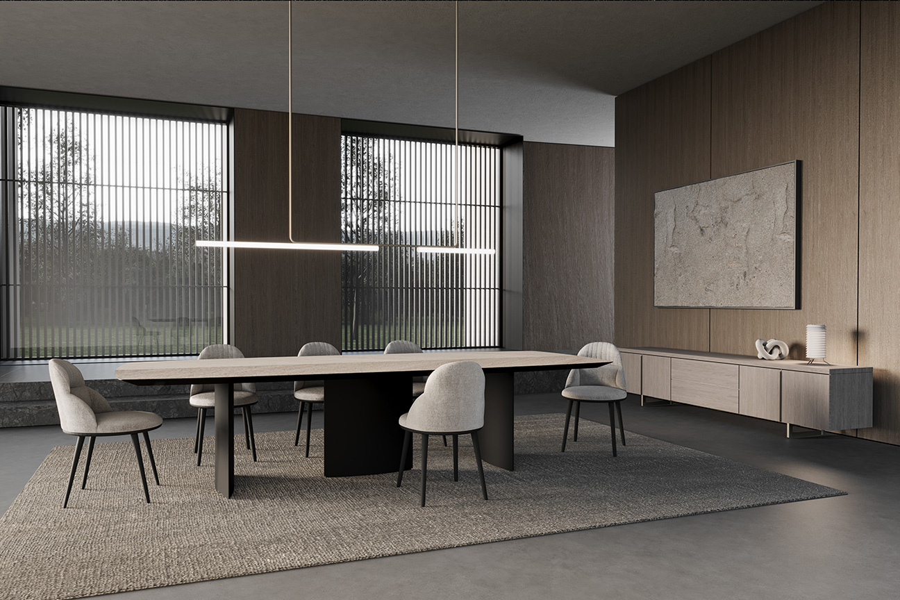 Contemporary dining room with avant-garde accents that highlights the warmth of ash and the strength of metal.