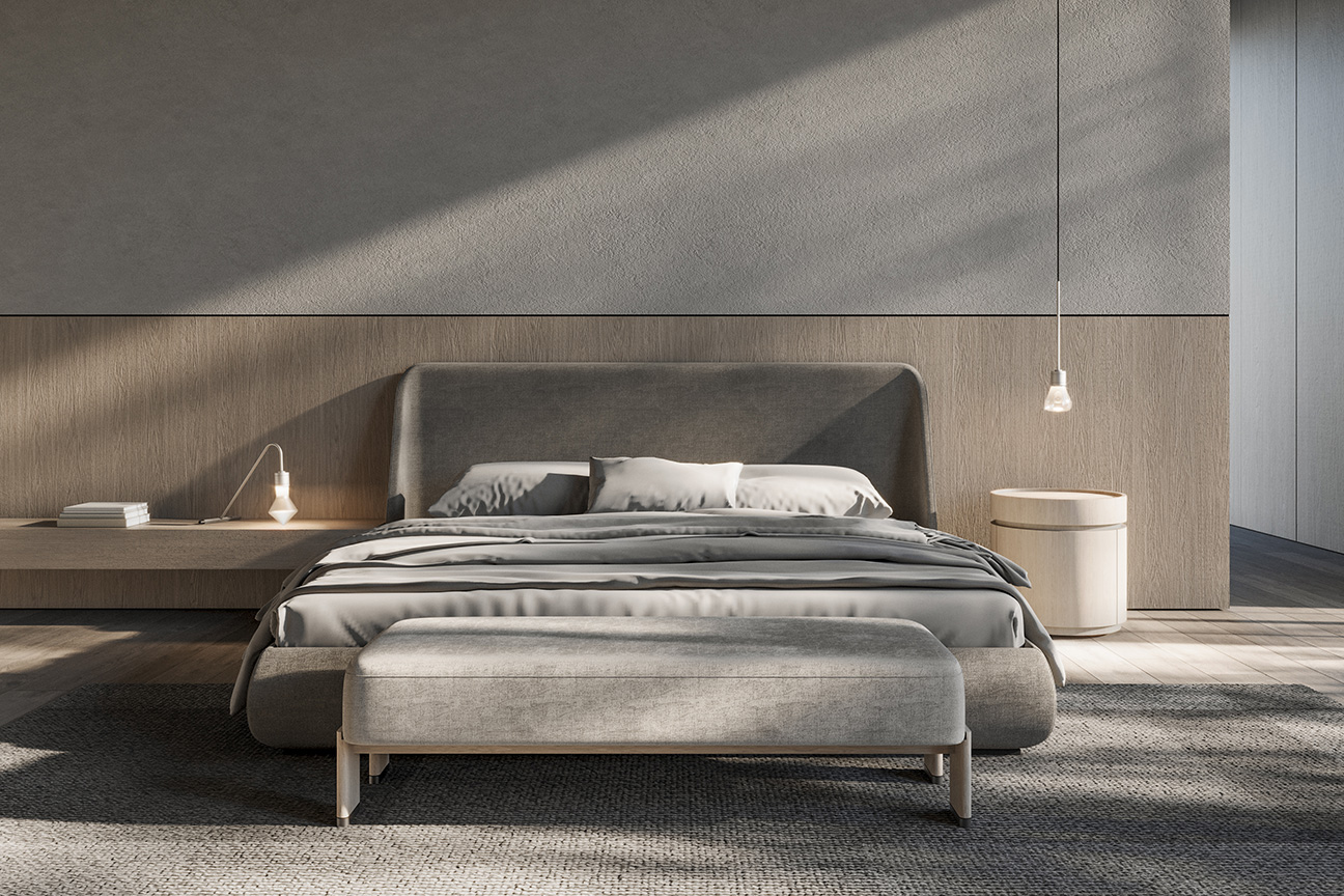 La cama Atlas diseñada por Jacobo Ventura es el foco central en este acogedor y cálido dormitorio moderno.