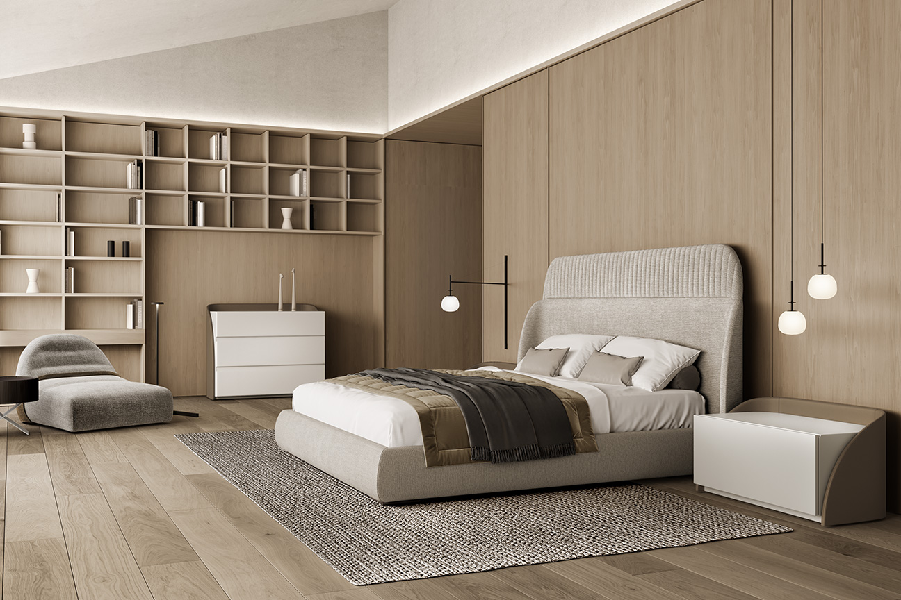La decoración contemporánea con detalles modernos del dormitorio Cricket invita al recogimiento, muebles de diseño de autor de alta calidad.