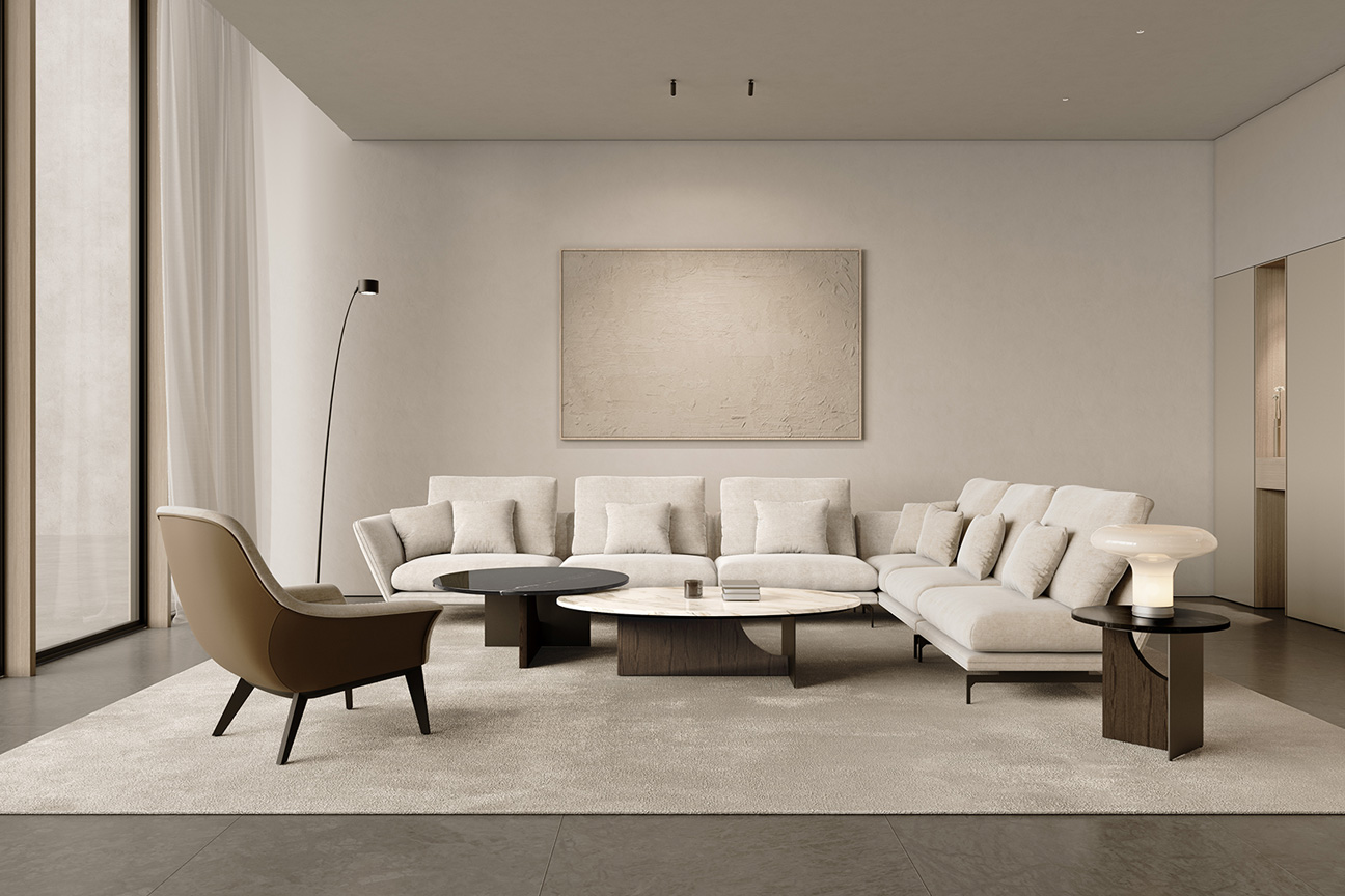 Un salón moderno y vanguardista con muebles de diseño, destacando el impresionante sofá Disc en L, una acogedora decoración en tonos cálidos.