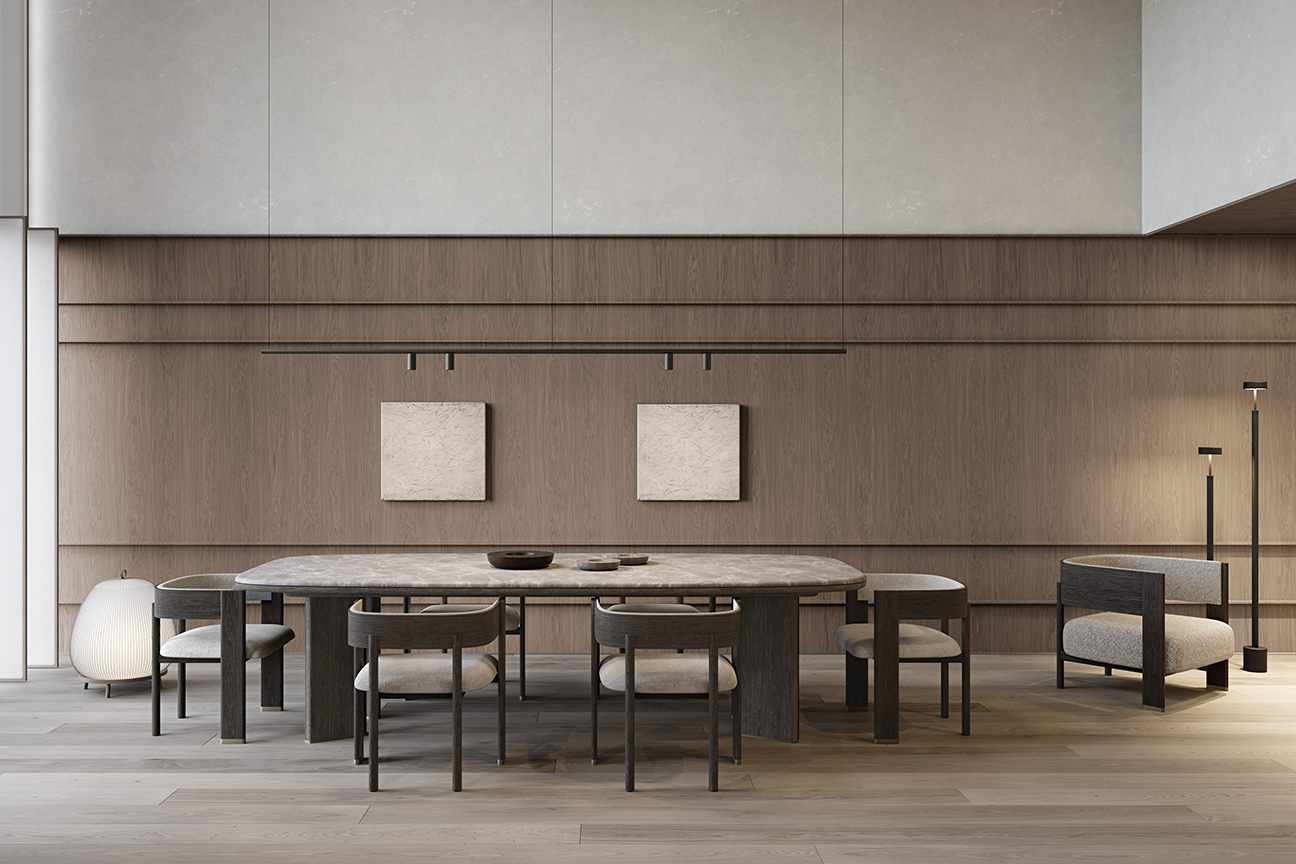 The Jude Decorte dining room exudes elegance through the simplicity of its modern, minimalist décor.