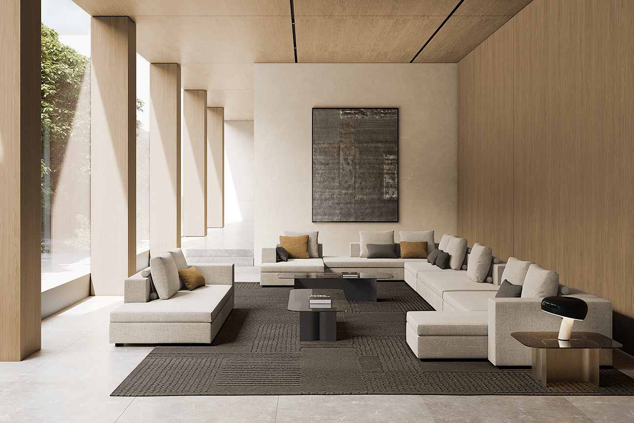 Un salón moderno de líneas rectas con diseño, decoración e interiorismo de Jacobo Ventura. Destaca el sofá Prince y las mesas de centro y auxiliar Kentia.