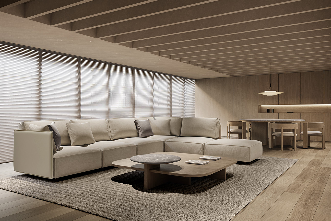 Contemporary living room with avant-garde touches, featuring the comfortable Tempo white modular sofa and the Estrato modern coffee table.