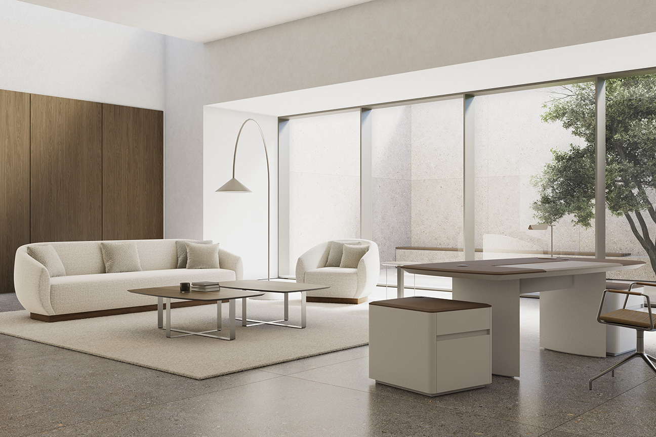 Luminoso despacho ejecutivo de lujo con elegantes muebles de estilo moderno y en tonos blancos, decorado con las colecciones Wind y Paul.