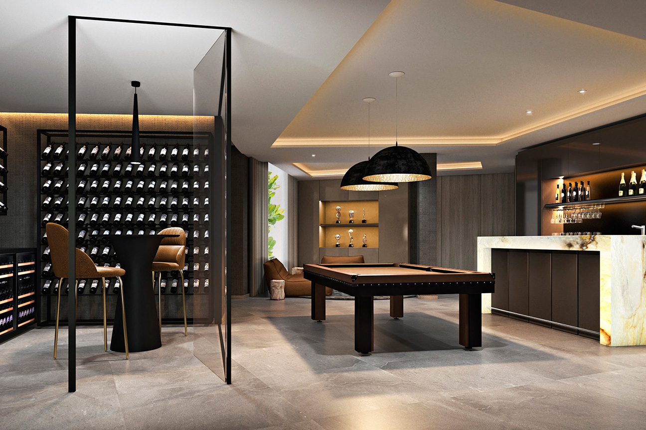 Transformation of a basement into a custom-built home bar with a bespoke wine cellar and pool table.
