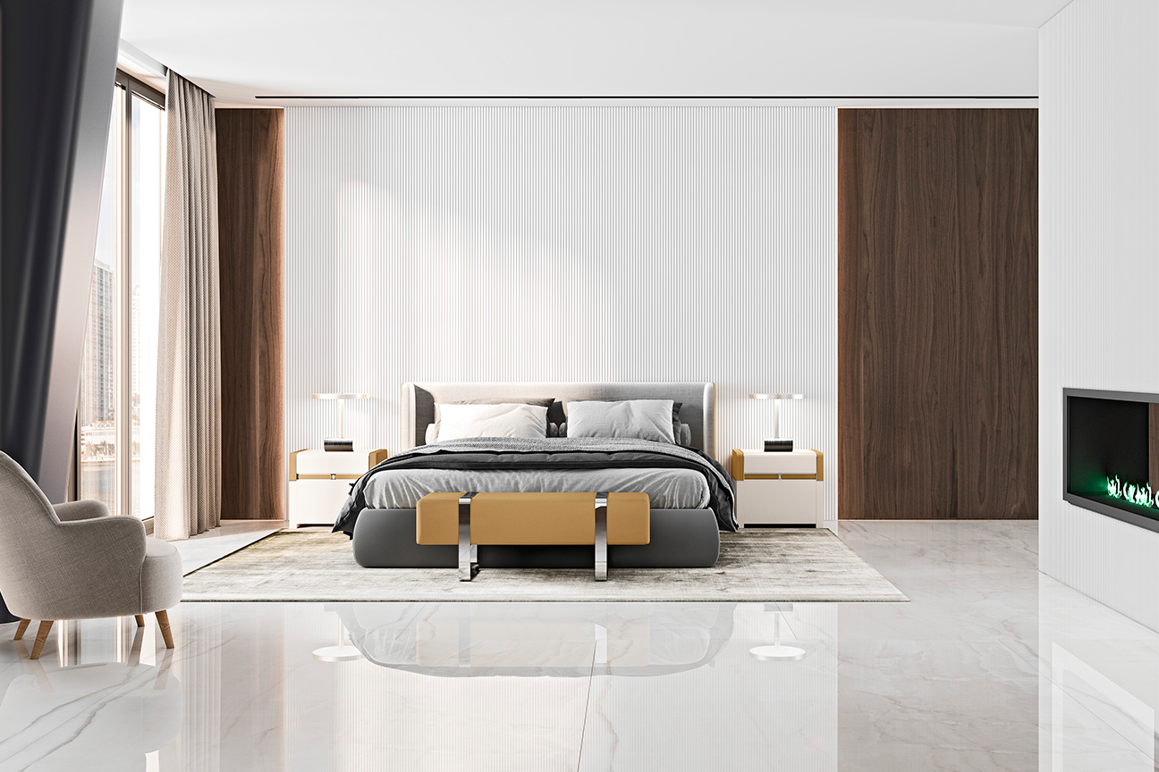 Elegant bedroom in white and grey tones with high-end customizable furniture.
