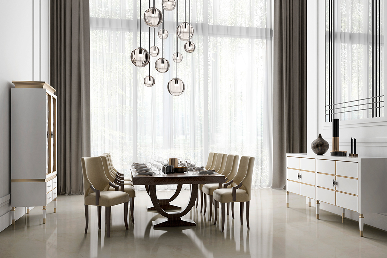 Comedor de lujo gris, blanco y oro con mesa para 8 personas, personalizable y fabricada a medida.