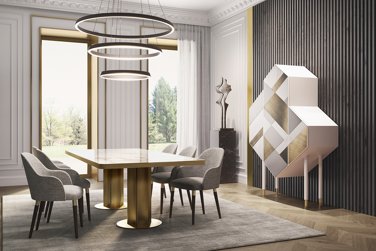 Luxury dining room in white gold and grey colours with high end designer furniture.