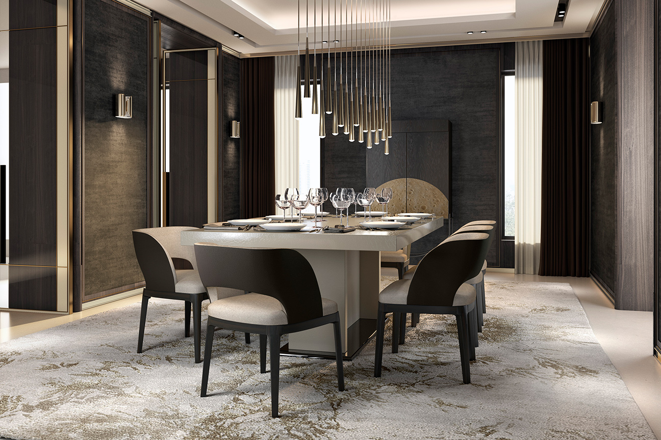 Elegant contemporary white and brown dining room with high-end furniture.