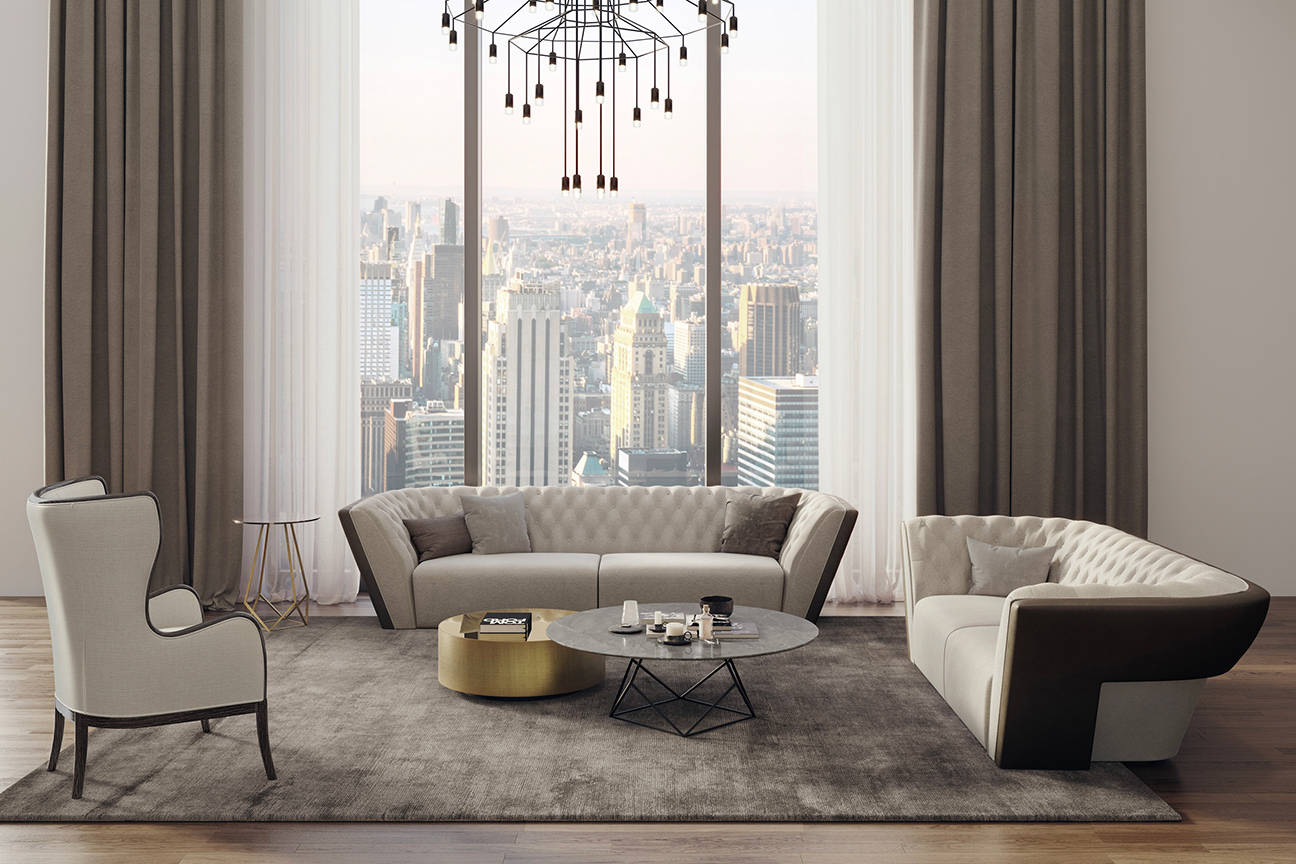 Contemporary luxury living room with sofa and armchair upholstered in leather and white velvet.
