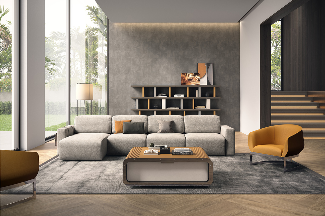 Minimalist luxury living room with a comfortable, customisable power reclining sofa.