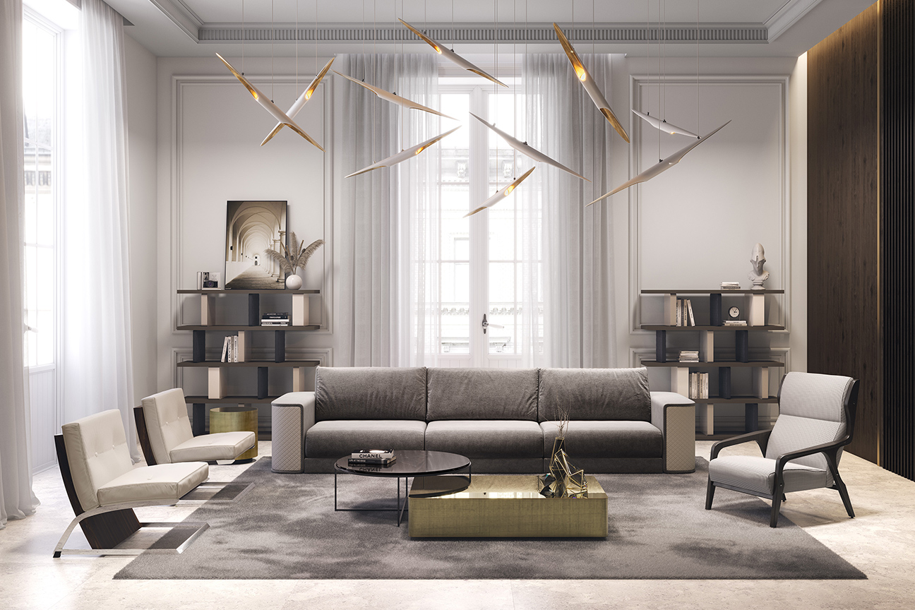 Contemporary living room with Cult white leather armchairs and Master leather and velvet sofa.