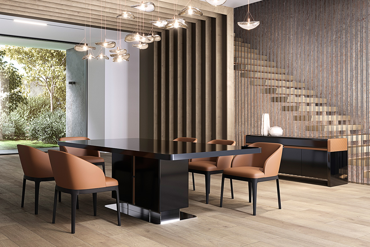 Luxury dining room with brown leather chairs and black dining table.