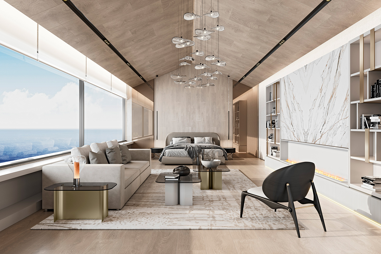 Modern luxury master bedroom suite in grey colour.