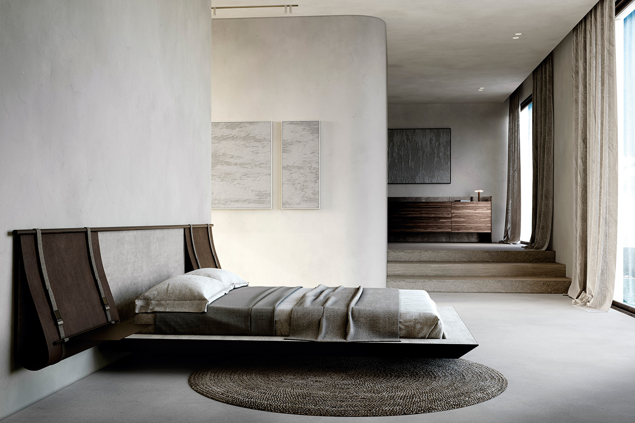 Modern avant-garde style bedroom in wood and leather with an original design.