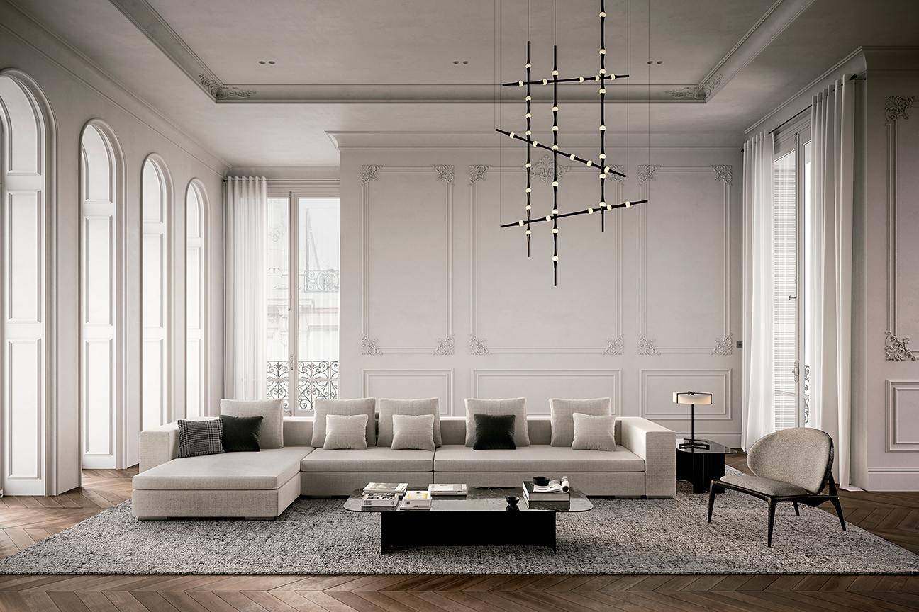 Contemporary living room with light grey L-shaped sofa and original design coffee tables.
