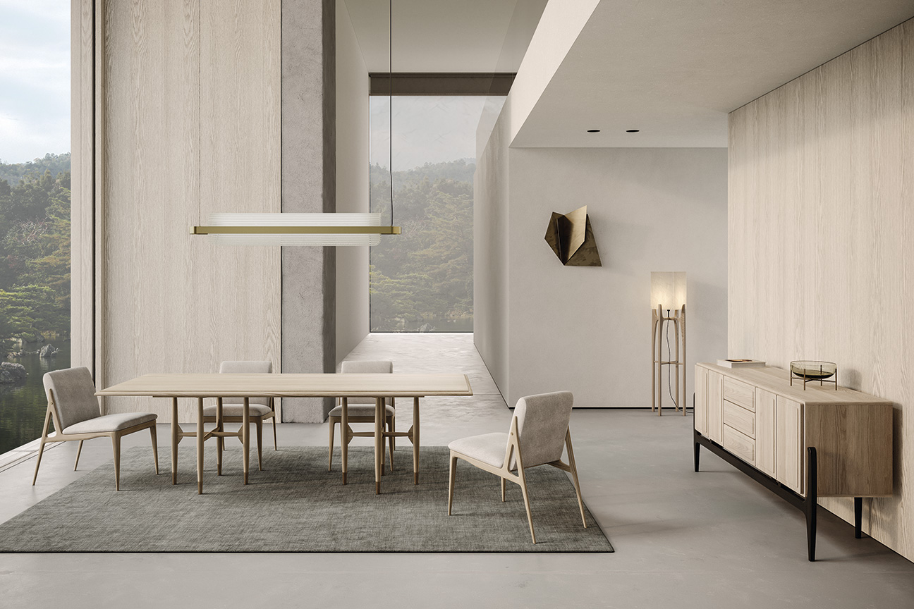 Modern Japanese-inspired dining room with ash furniture in natural Scandinavian colour.