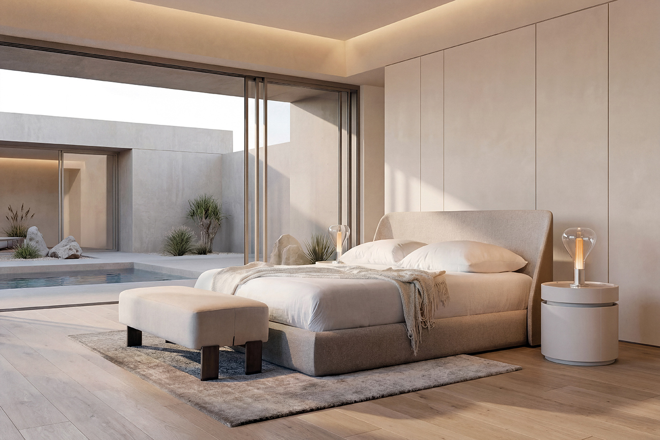 Dormitorio Atlas moderno con mesitas de noche cilíndricas en fresno para un espacio sofisticado y actual