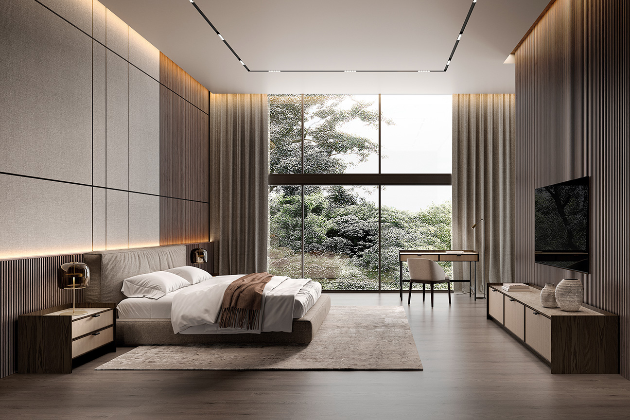 Dormitorio Boston moderno con cama tapizada y mesitas en fresno que aportan calidez y elegancia