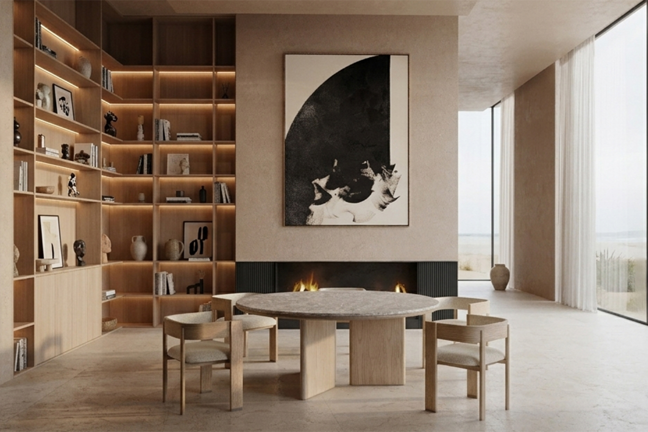 Modern interior design where a dining area with a round table becomes the heart of the home