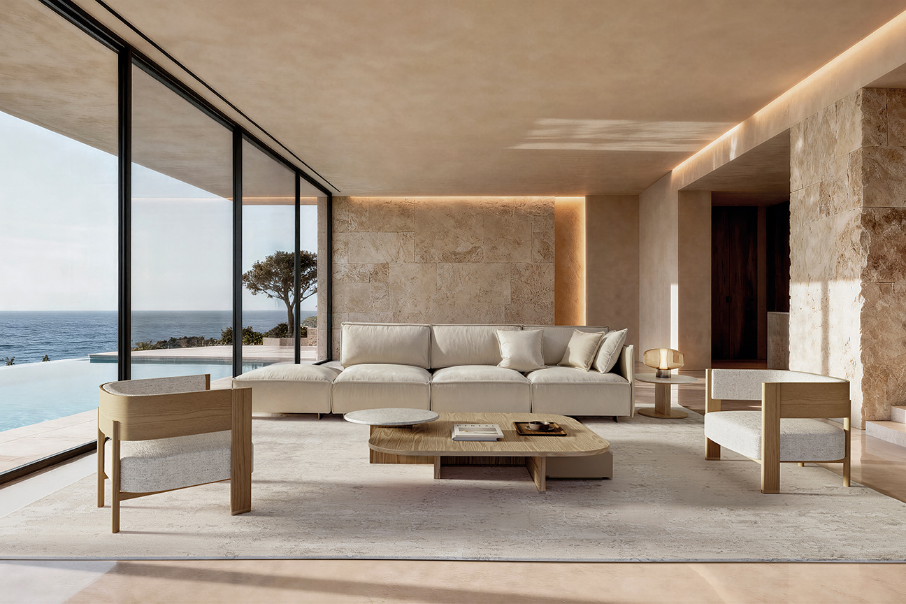 Tempo living room in warm tones creating a sense of harmony and understated luxury