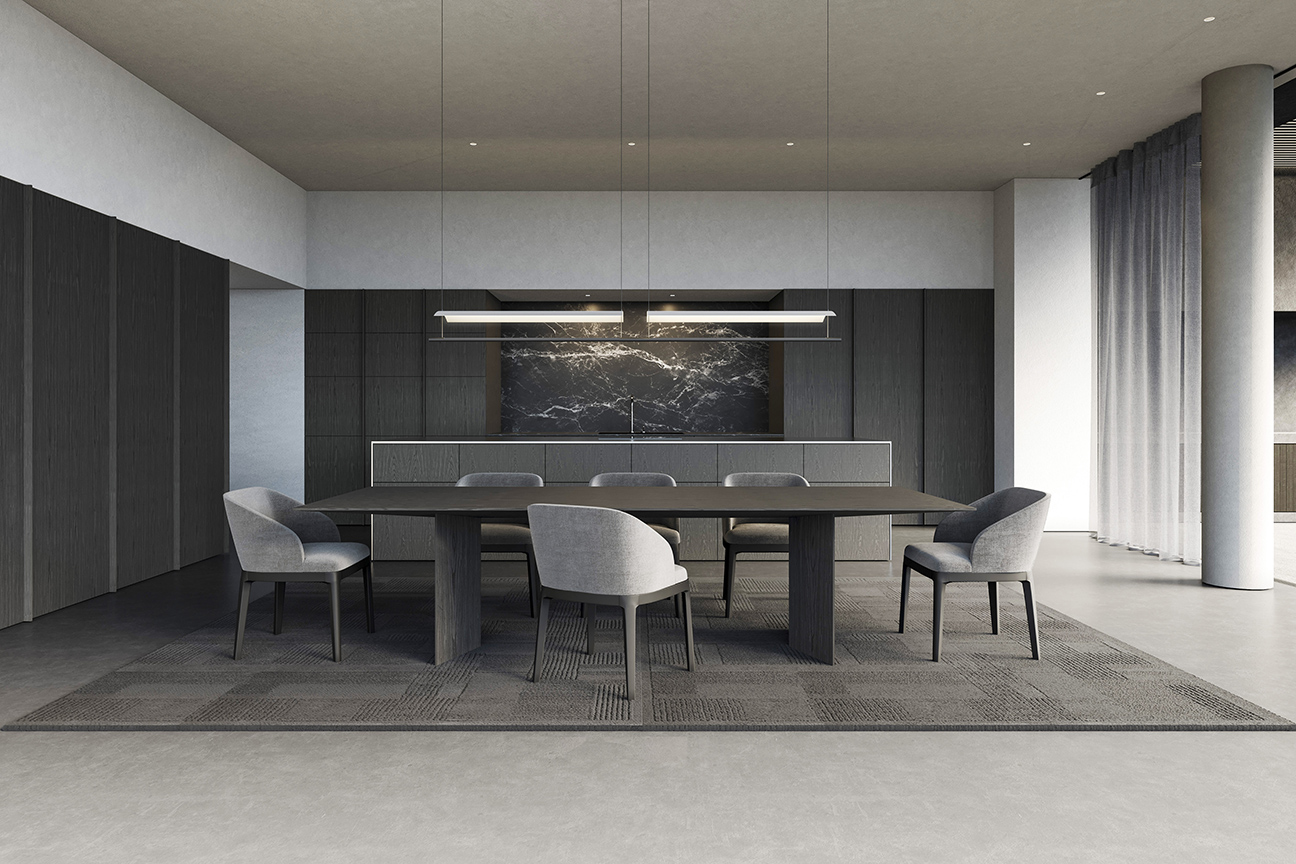 Vertice modern dining room with ash wood table by Gabriel Teixidó, design and natural warmth