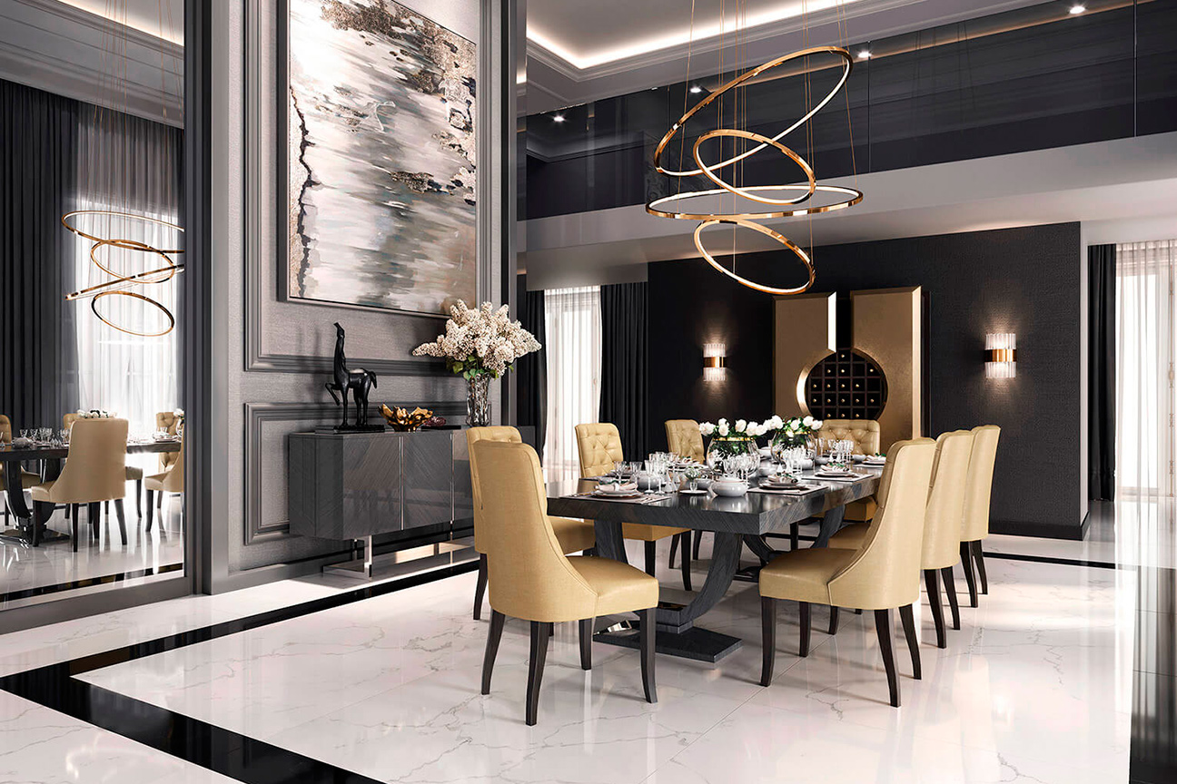 Contemporary luxury dining room in black and gold tones, with upholstered chairs and bar cabinet.