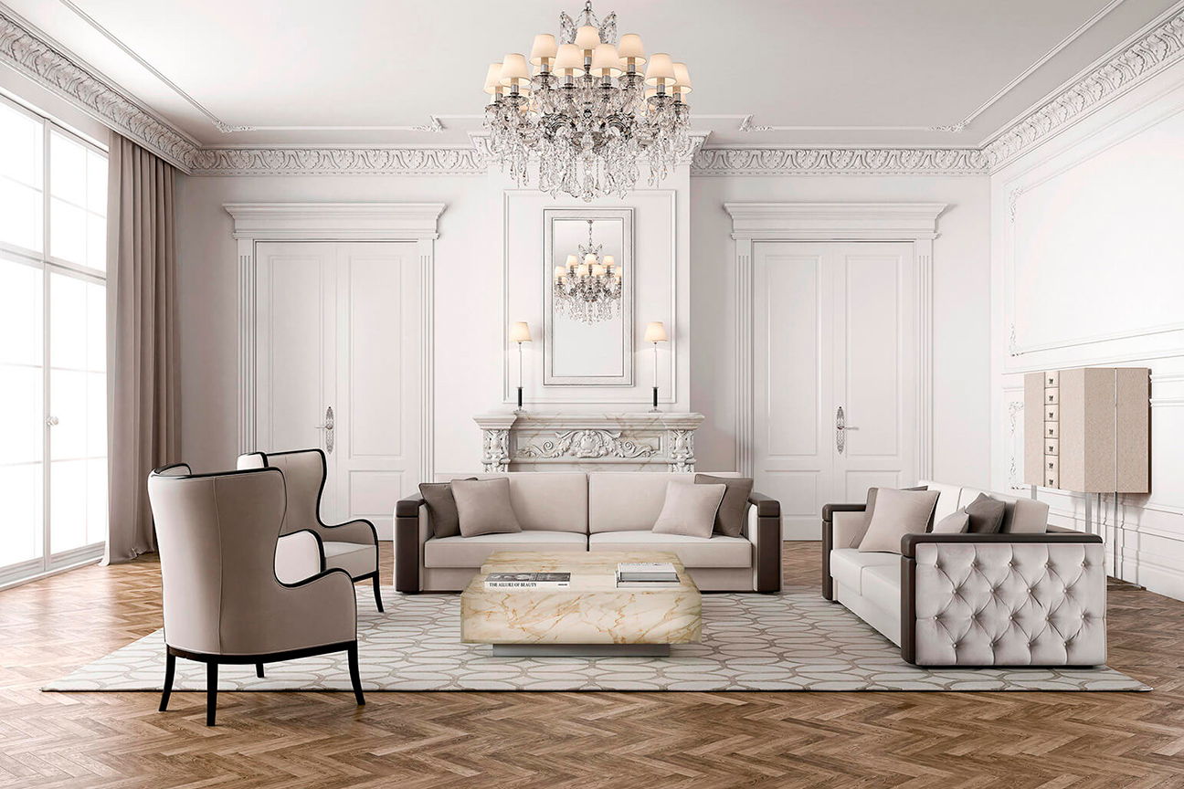 Living room with sofa and armchairs upholstered in leather and grey velvet and alabaster coffee table with lighting.