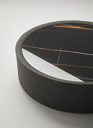 Table made from leather and porcelain tile, a whimsical combination of materials to create contemporary luxury furniture.