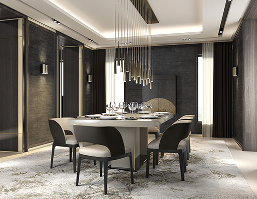 Interior design project for a contemporary dining room with luxury furniture manufactured in Spain by Coleccion Alexandra.
