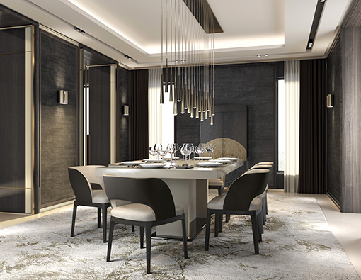 Proyecto de interiorismo de un comedor contemporáneo con muebles de lujo fabricados en España por Colección Alexandra.