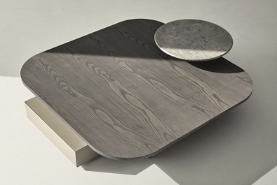 Alexandra Estrato coffee table by Francesc Rifé, crafted in ash with a lacquered drawer and raised marble section