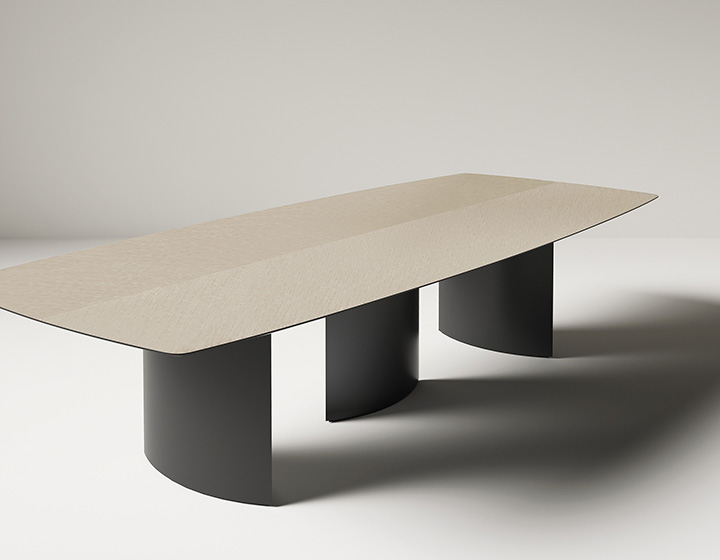 Wind table in modern design with aerodynamic iron legs and herringbone marquetry top.
