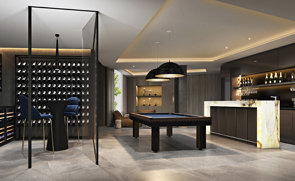 Elegante zona de bar en casa con una barra de lujo personalizada, moderna vinoteca y espacio de ocio con mesa de billar.