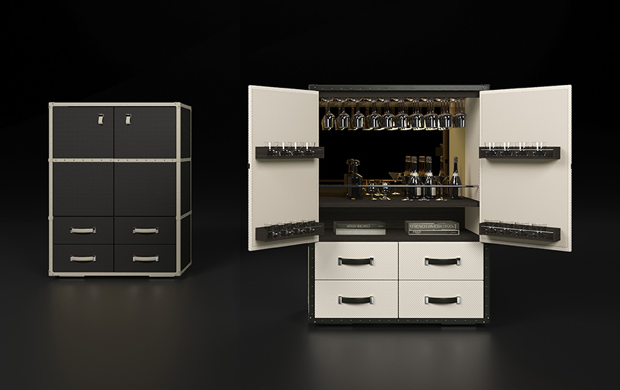 The Traveler bar cabinet is an ideal accessory for creating a bar atmosphere without leaving your home.