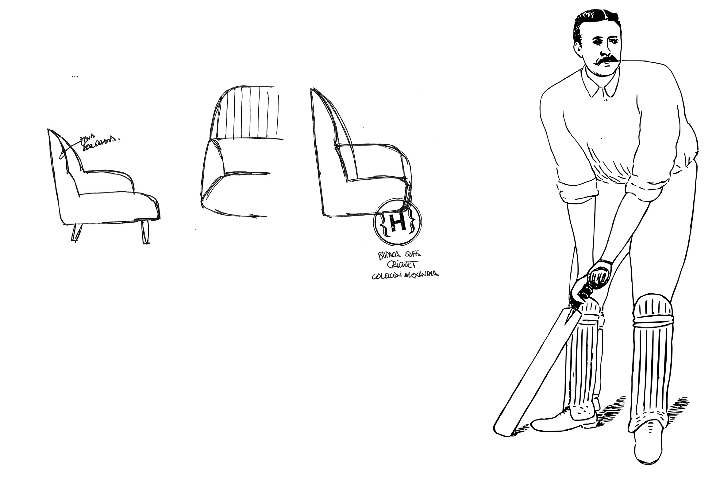 Sketch of the Cricket armchair and the player that inspired JMFerrero of estudihac.