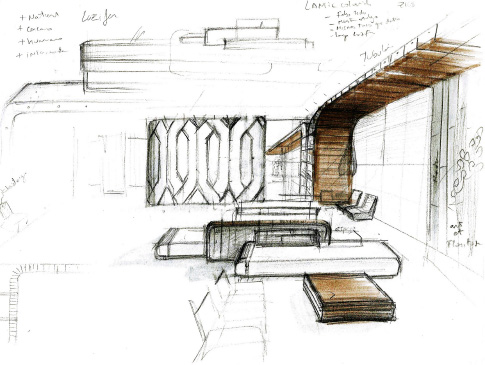 Living room layout hand sketched by an interior designer at Alexandra.