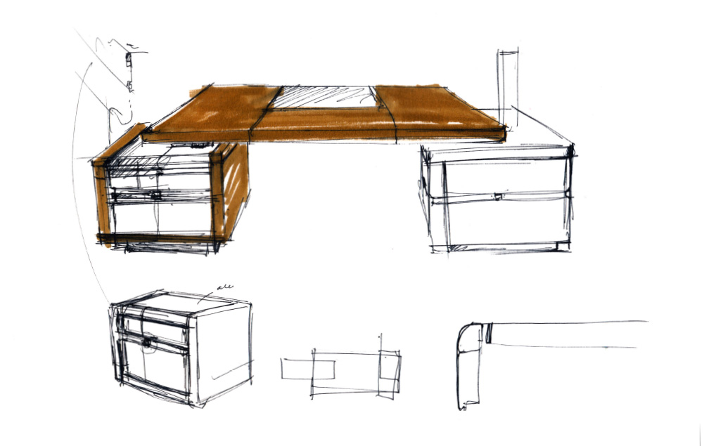 Design sketch of a bespoke desk for exclusive offices.