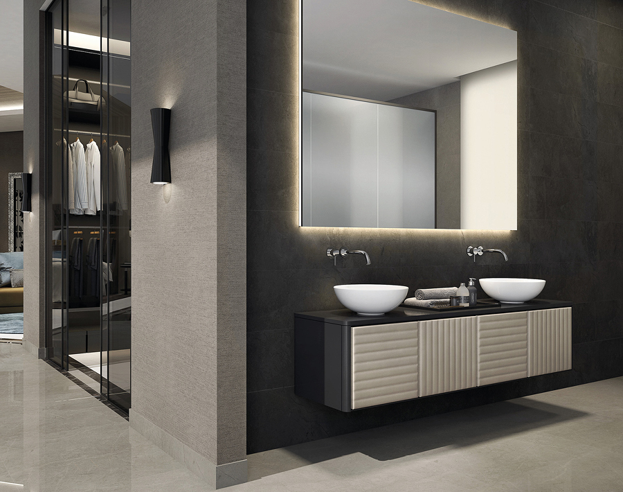 Mueble de baño Boston XL moderno y flotante con lavabo de doble seno.