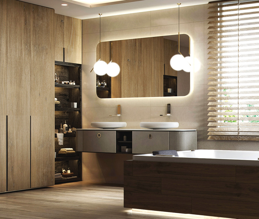 Cuarto de baño moderno con lavabo doble, grifería mural y espejo grande.