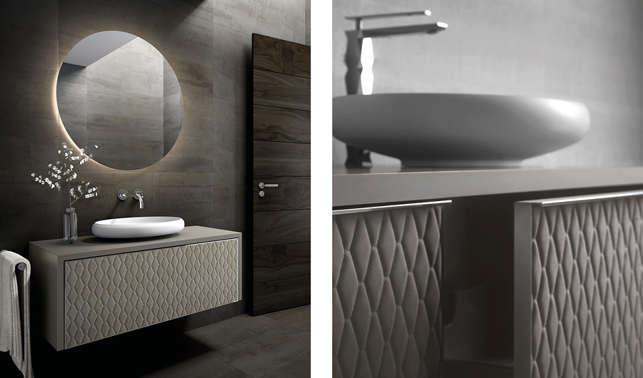 Lujoso y exclusivo mueble de baño flotante con un primer plano del lavabo y la grifería de diseño