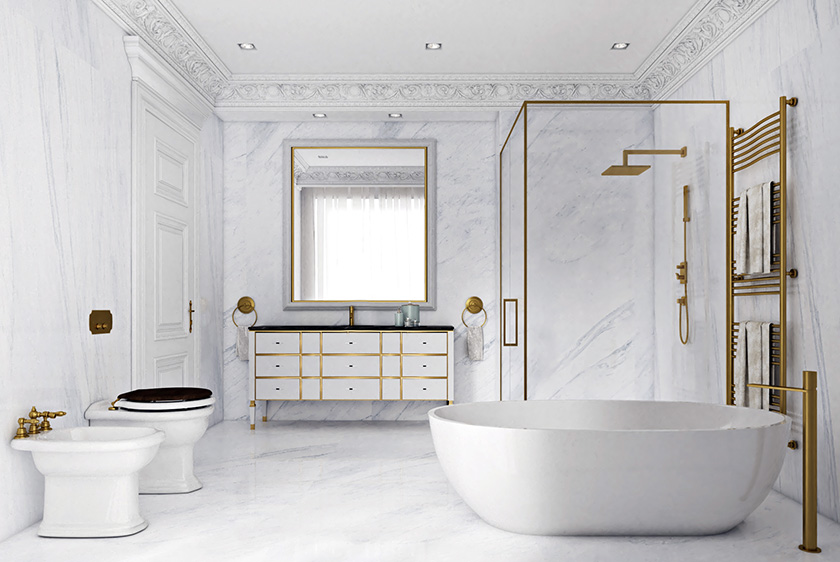 Lujoso cuarto de baño blanco con mueble de lavabo con acabados de alta gama.