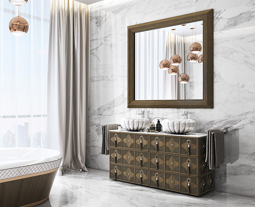 Cuarto de baño de estilo contemporáneo con mueble bajo lavabo doble de alta gama con cajones.