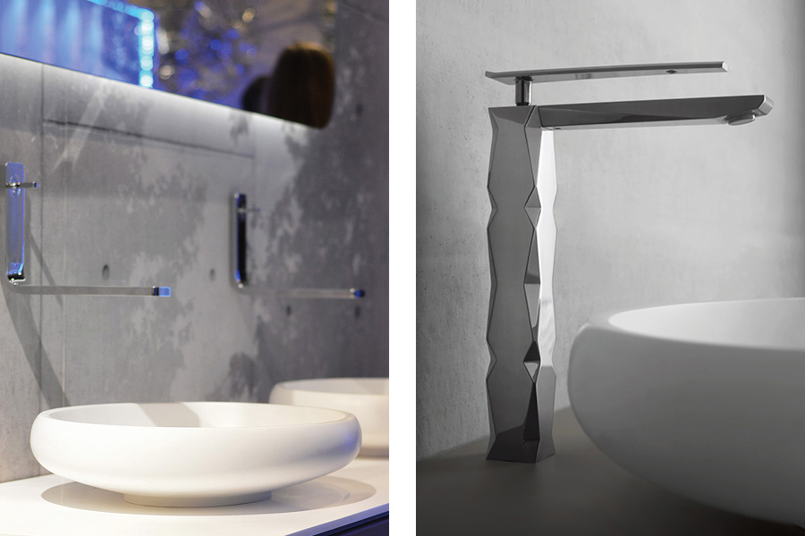 Primer plano de lavabo moderno blanco y grifería de diseño.
