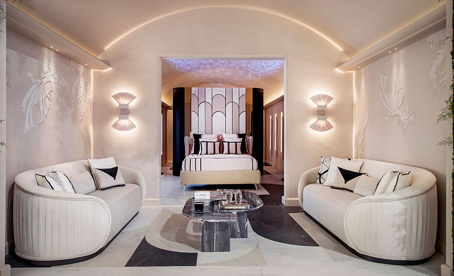 Abano sofas displayed in Marbella Luxury Suite, Neolithe by José Lara space at Marbella Design & Art 2022.