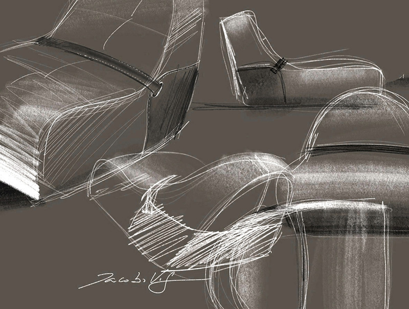 Sketches of the Nido armchair designed by Jacobo Ventura for the Forwards collection by Alexandra.