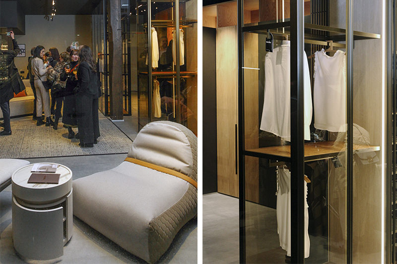 Un showroom con muebles modernos con diseños de vanguardia, armarios contemporáneos y vestidores de lujo.